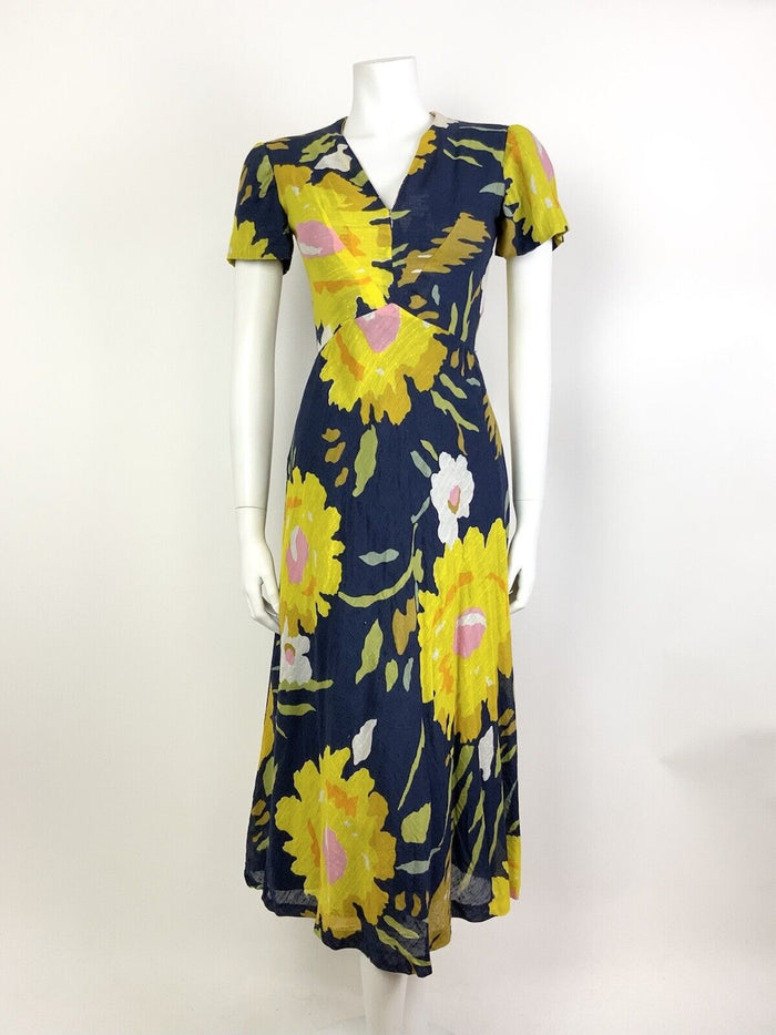 VINTAGE 60s 70s NAVY BLUE YELLOW PINK FLORAL V-NECK SWING SUMMER DRESS 8 10