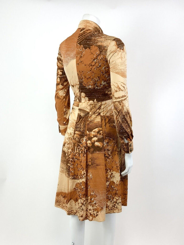 VINTAGE 60s 70s ORANGE BROWN CREAM PASTORAL FARM BOHO DAGGER SHIRT DRESS 8 10