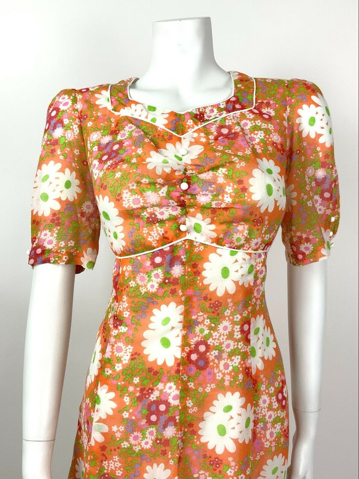 VINTAGE 60s 70s ORANGE WHITE PINK FLORAL DAISY PSYCHEDELIC SUMMER DRESS 12 14