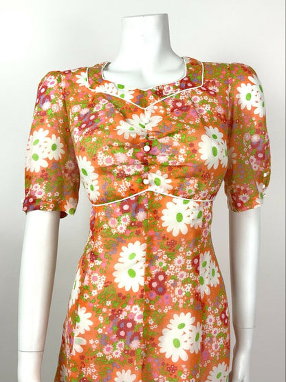 VINTAGE 60s 70s ORANGE WHITE PINK FLORAL DAISY PSYCHEDELIC SUMMER DRESS 12 14