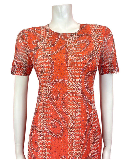 VINTAGE 60s 70s ORANGE WHITE PURPLE CUT-OUT SWIRL DOTTY MOD SHORT DRESS 8 10