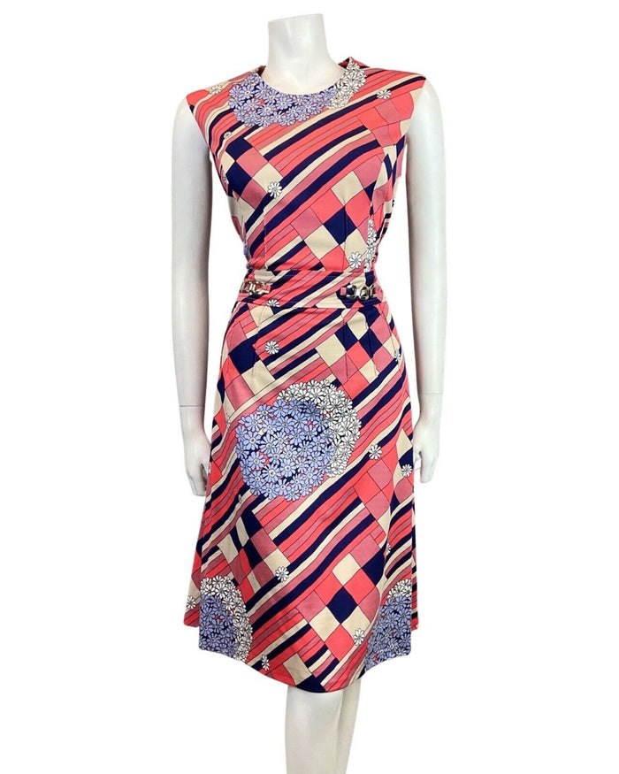 VINTAGE 60s 70s PINK BLUE CREAM GEOMETRIC FLORAL DAISY SLEEVELESS DRESS 12 14