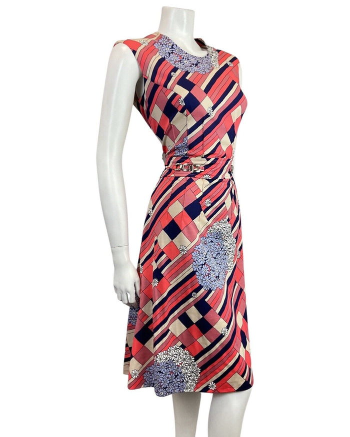 VINTAGE 60s 70s PINK BLUE CREAM GEOMETRIC FLORAL DAISY SLEEVELESS DRESS 12 14