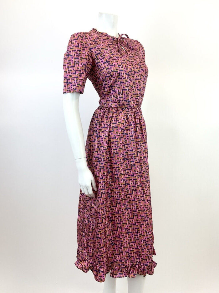 VINTAGE 60s 70s PINK BLUE GOLD BASKETWEAVE GEOMETRIC PSYCHEDELIC MOD DRESS 8 10