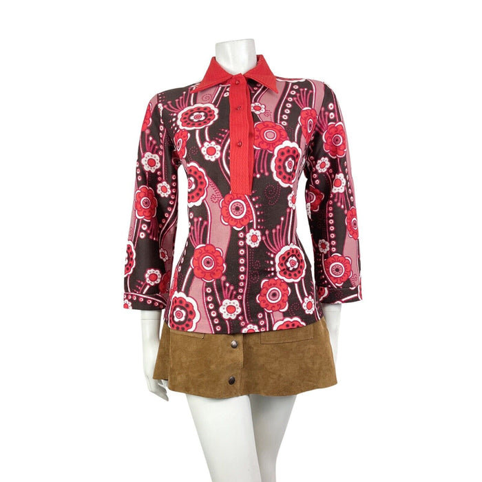 VINTAGE 60s 70s PINK RED BROWN FLORAL PSYCHEDELIC MOD DAGGER COLLAR BLOUSE 12 14