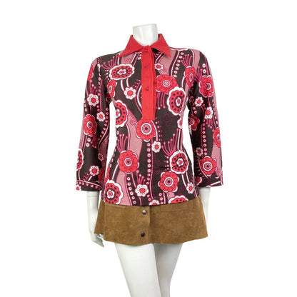 VINTAGE 60s 70s PINK RED BROWN FLORAL PSYCHEDELIC MOD DAGGER COLLAR BLOUSE 12 14