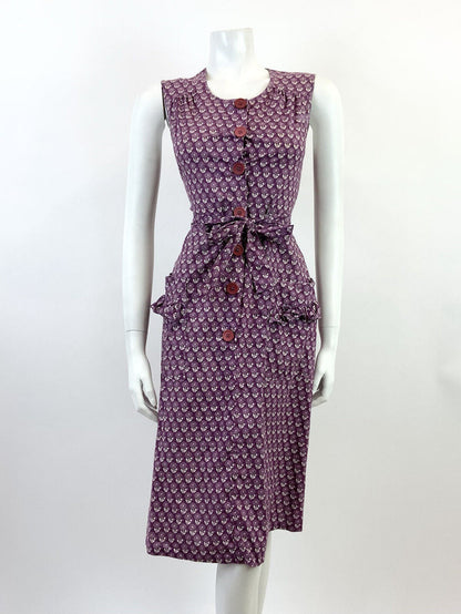 VINTAGE 60s 70s PLUM PURPLE WHITE FLORAL BOHO PRAIRIE SLEEVELESS DRESS 8 10