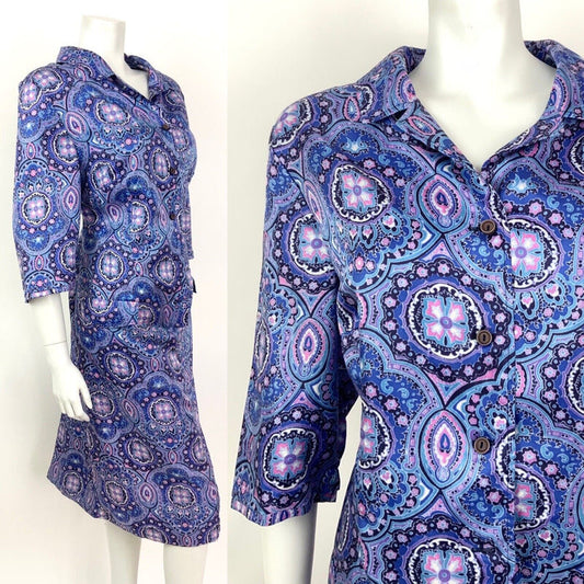 VINTAGE 60s 70s PURPLE BLUE PINK ARABESQUE FLORAL PSYCHEDELIC SHIRT DRESS 16 18