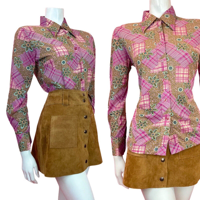 VINTAGE 60s 70s PURPLE GOLD BLUE PATCHWORK FLORAL CHECKED MOD DAGGER SHIRT 12 14