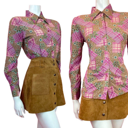 VINTAGE 60s 70s PURPLE GOLD BLUE PATCHWORK FLORAL CHECKED MOD DAGGER SHIRT 12 14