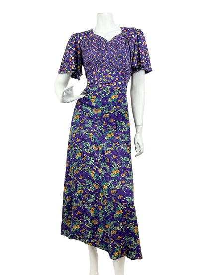 VINTAGE 60s 70s PURPLE PINK GREEN FLORAL DITSY CAPE SLEEVE MOD MAXI DRESS 10 12