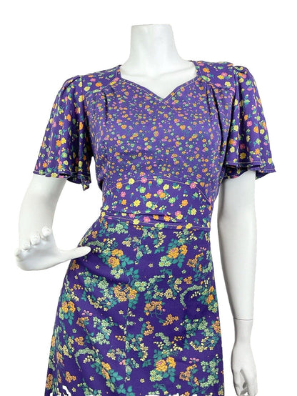 VINTAGE 60s 70s PURPLE PINK GREEN FLORAL DITSY CAPE SLEEVE MOD MAXI DRESS 10 12