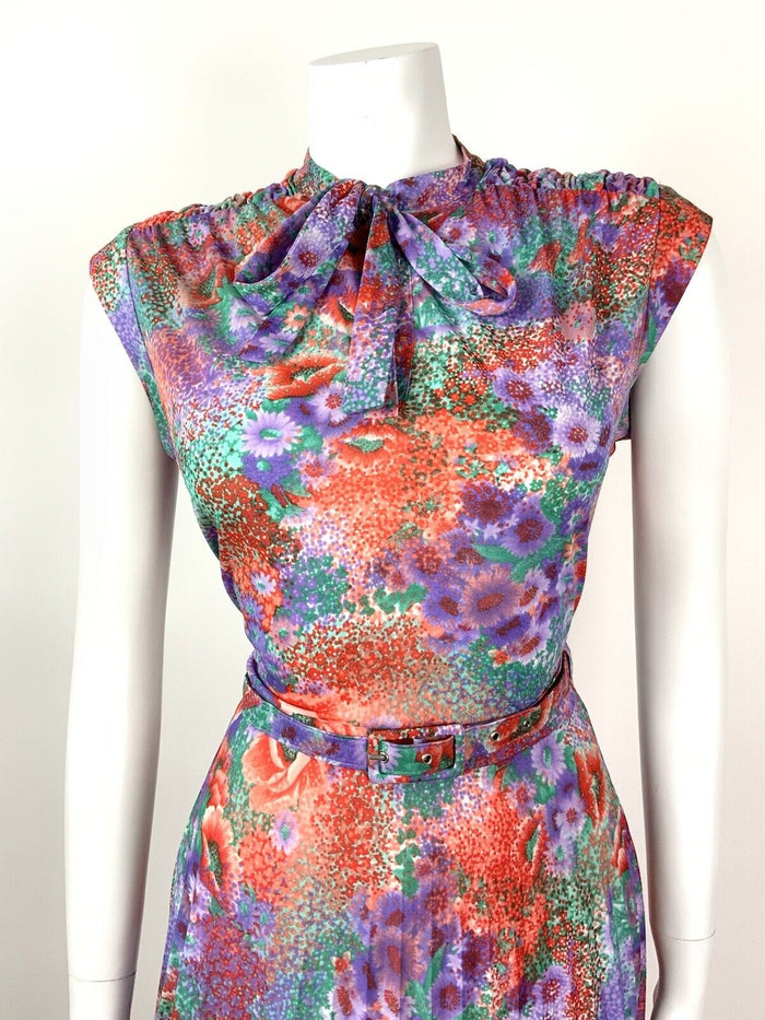 VINTAGE 60s 70s PURPLE RED GREEN FLORAL DITSY PLEATED BELTED DRESS 12 14