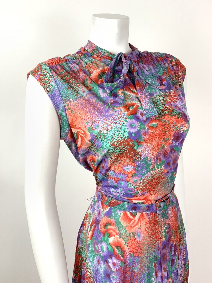 VINTAGE 60s 70s PURPLE RED GREEN FLORAL DITSY PLEATED BELTED DRESS 12 14