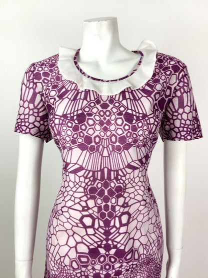 VINTAGE 60s 70s PURPLE WHITE RUFFLED GEOMETRIC PSYCHEDELIC DRESS 10