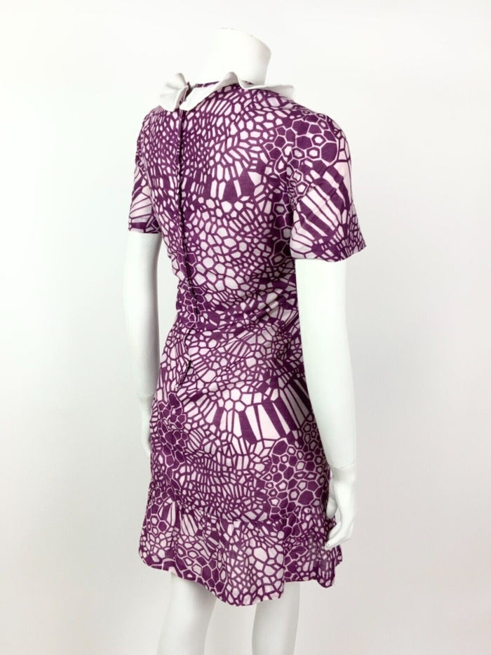 VINTAGE 60s 70s PURPLE WHITE RUFFLED GEOMETRIC PSYCHEDELIC DRESS 10