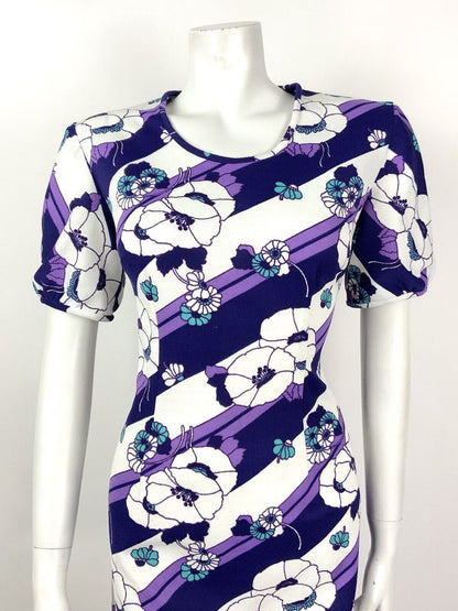 VINTAGE 60s 70s PURPLE WHITE TURQUOISE STRIPED FLORAL MOD DRESS 14 16