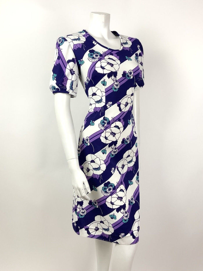 VINTAGE 60s 70s PURPLE WHITE TURQUOISE STRIPED FLORAL MOD DRESS 14 16