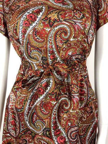 VINTAGE 60s 70s RED GREEN BLACK PEACH FLORAL PSYCHEDELIC PAISLEY BELTED DRESS 10