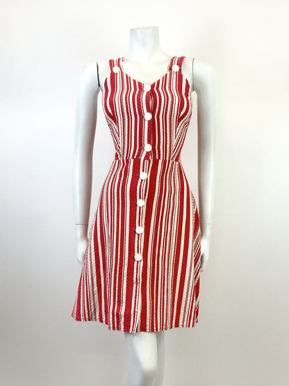 VINTAGE 60s 70s RED WHITE CANDY STRIPED SWEETHEART SLEEVELESS MOD SUN DRESS 8 10