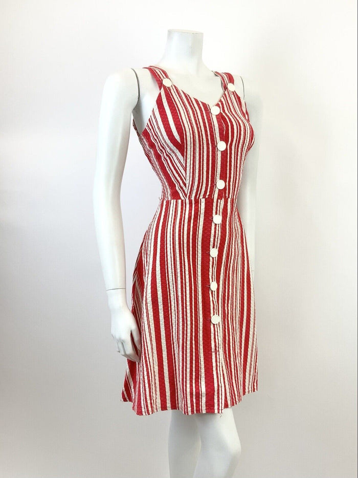 VINTAGE 60s 70s RED WHITE CANDY STRIPED SWEETHEART SLEEVELESS MOD SUN DRESS 8 10