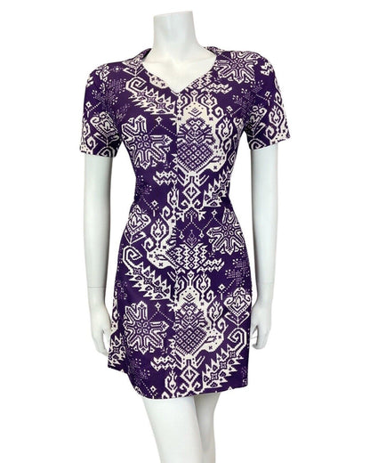 VINTAGE 60s 70s VIOLET PURPLE WHITE AZTEC GEOMETRIC MOD SHORT DRESS 10 12