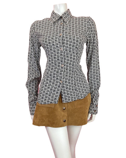 VINTAGE 60s 70s WHITE BLACK GEOMETRIC MOD DAGGER SHIRT BLOUSE 8 10