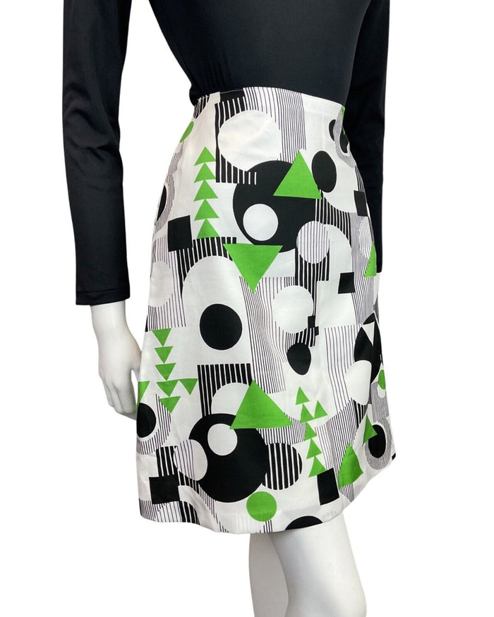 VINTAGE 60s 70s WHITE BLACK GREEN MOD GEOMETRIC A-LINE SHORT SKIRT 8