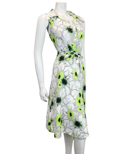 VINTAGE 60s 70s WHITE BLACK LIME GREEN DOTTY FLORAL SLEEVELESS SWING DRESS 10