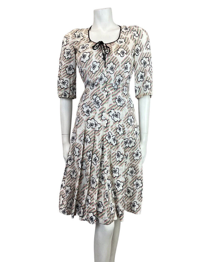 VINTAGE 60s 70s WHITE BLACK RED GREEN STRIPED FLORAL MOD SUMMER DRESS 6