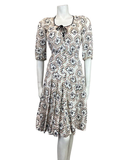 VINTAGE 60s 70s WHITE BLACK RED GREEN STRIPED FLORAL MOD SUMMER DRESS 6