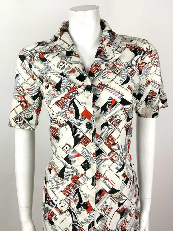 VINTAGE 60s 70s WHITE BLACK RED STRIPE GEOMETRIC CHECKED MOD SHIRT DRESS 12