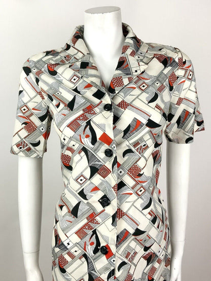 VINTAGE 60s 70s WHITE BLACK RED STRIPE GEOMETRIC CHECKED MOD SHIRT DRESS 12