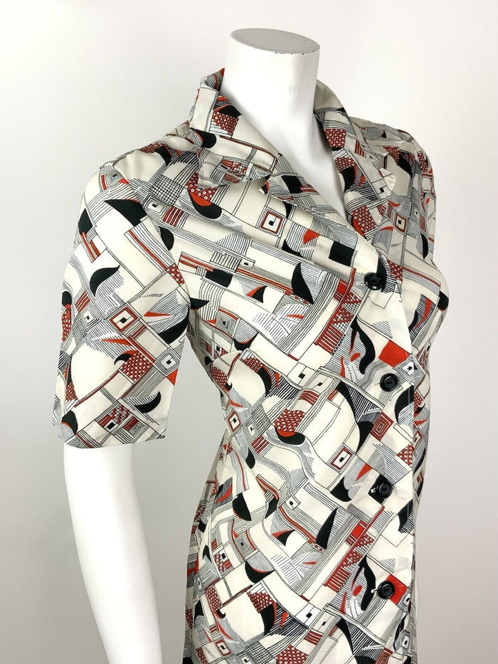 VINTAGE 60s 70s WHITE BLACK RED STRIPE GEOMETRIC CHECKED MOD SHIRT DRESS 12