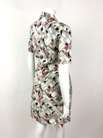 VINTAGE 60s 70s WHITE BLACK RED STRIPE GEOMETRIC CHECKED MOD SHIRT DRESS 12