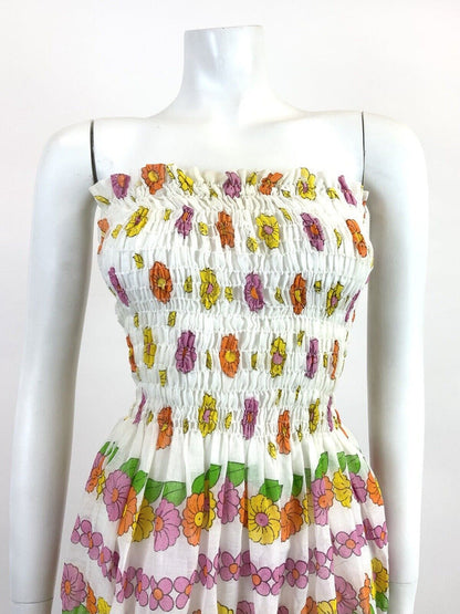 VINTAGE 60s 70s WHITE BLUE PINK ORANGE FLORAL SHIRRED STRAPLESS SUMMER DRESS 6 8