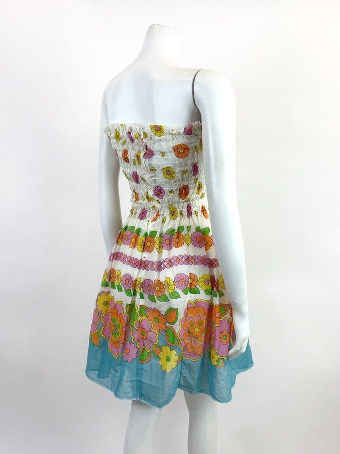 VINTAGE 60s 70s WHITE BLUE PINK ORANGE FLORAL SHIRRED STRAPLESS SUMMER DRESS 6 8