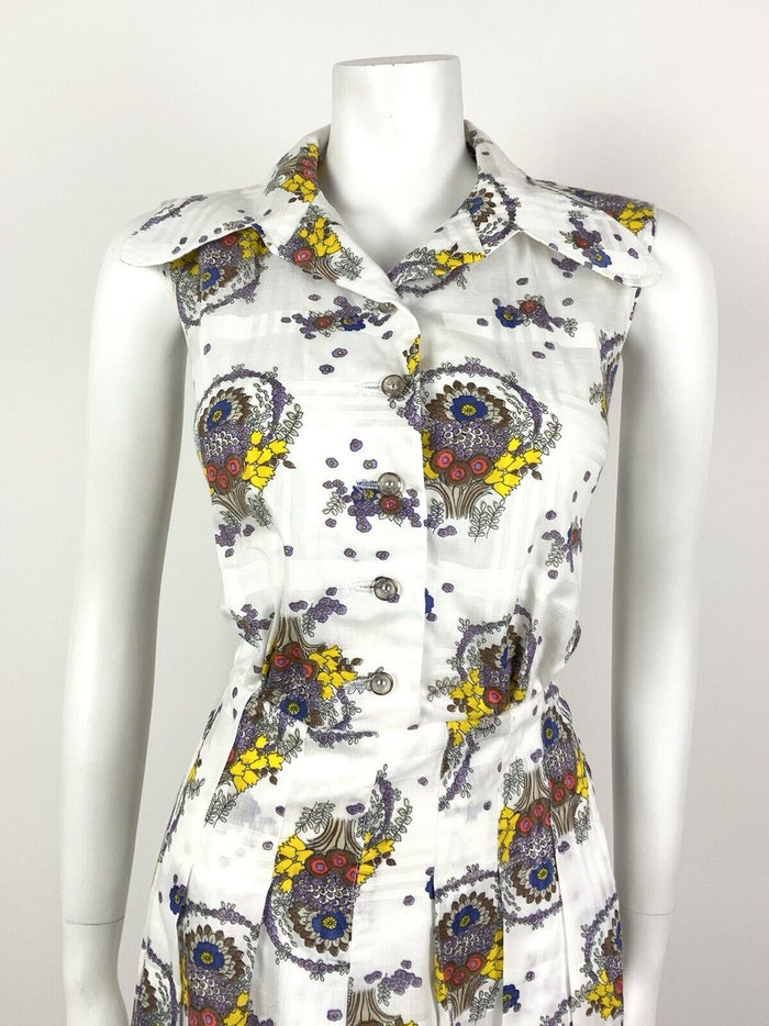 VINTAGE 60s 70s WHITE BROWN YELLOW PLAID FLORAL SPOON COLLAR SHIRT DRESS 12 14