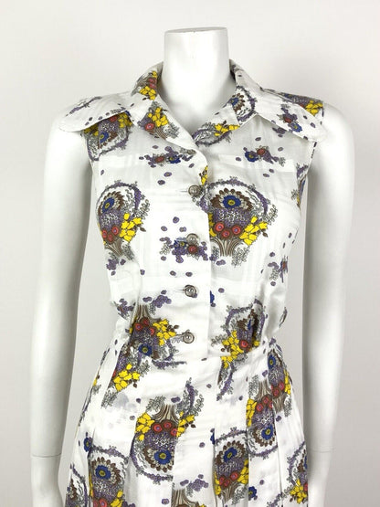 VINTAGE 60s 70s WHITE BROWN YELLOW PLAID FLORAL SPOON COLLAR SHIRT DRESS 12 14