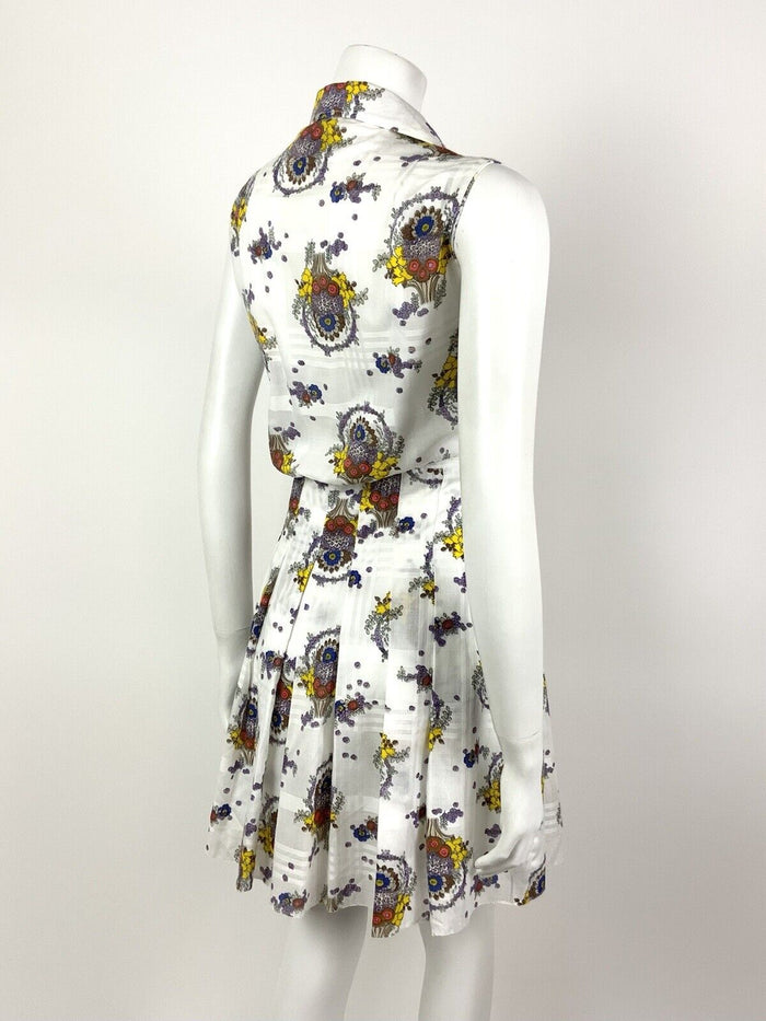 VINTAGE 60s 70s WHITE BROWN YELLOW PLAID FLORAL SPOON COLLAR SHIRT DRESS 12 14