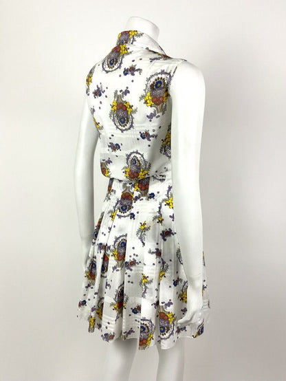 VINTAGE 60s 70s WHITE BROWN YELLOW PLAID FLORAL SPOON COLLAR SHIRT DRESS 12 14