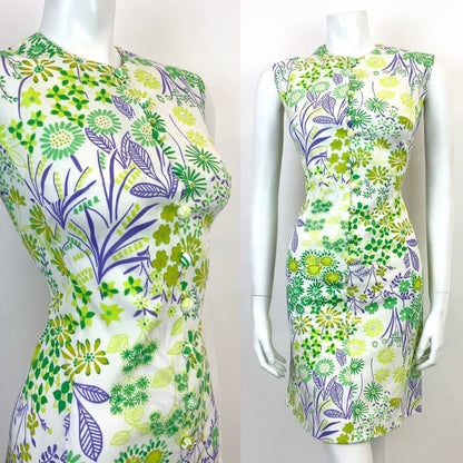 VINTAGE 60s 70s WHITE GREEN PURPLE FLORAL PSYCHEDELIC SLEEVELESS DRESS 10 12