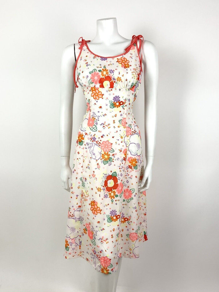 VINTAGE 60s 70s WHITE ORANGE PINK GREEN FLORAL DITSY EMPIRE LINE SUMMER DRESS 10