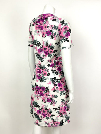 VINTAGE 60s 70s WHITE PINK PURPLE GREY BLACK FLORAL ROSE SHIFT DRESS 14 16