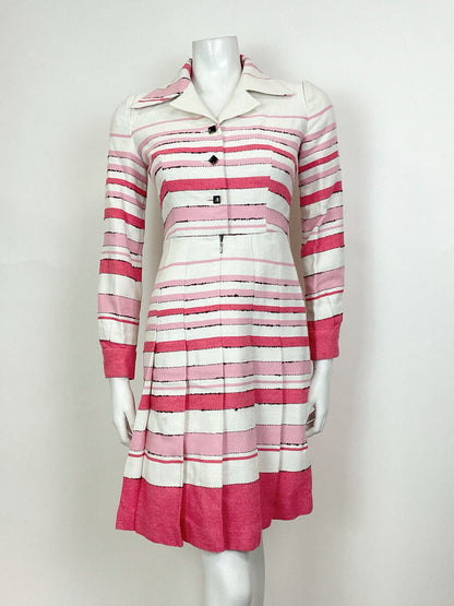 VINTAGE 60s 70s WHITE PINK ROSE STRIPED PLEATED MOD DAGGER SHIRT DRESS 8 10
