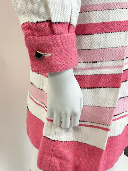 VINTAGE 60s 70s WHITE PINK ROSE STRIPED PLEATED MOD DAGGER SHIRT DRESS 8 10