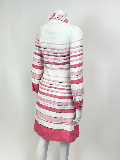 VINTAGE 60s 70s WHITE PINK ROSE STRIPED PLEATED MOD DAGGER SHIRT DRESS 8 10