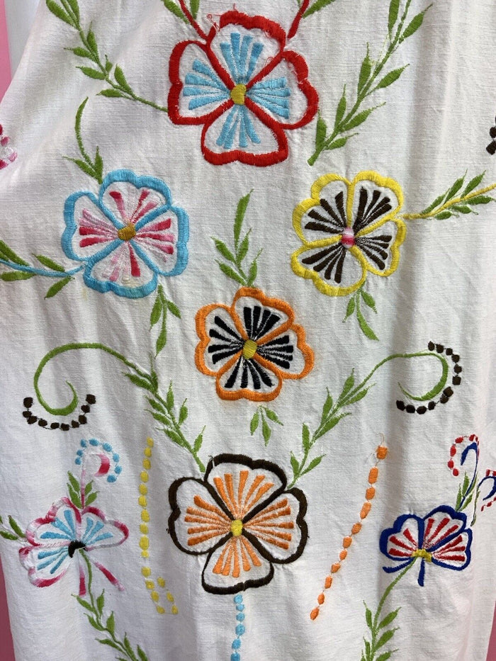 VINTAGE 60s 70s WHITE RED BLUE YELLOW FLORAL EMBROIDERED BOHO YOKE DRESS 8 10