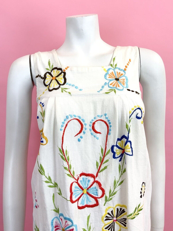 VINTAGE 60s 70s WHITE RED BLUE YELLOW FLORAL EMBROIDERED BOHO YOKE DRESS 8 10