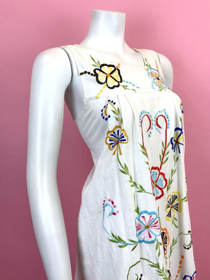 VINTAGE 60s 70s WHITE RED BLUE YELLOW FLORAL EMBROIDERED BOHO YOKE DRESS 8 10